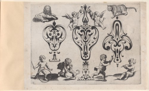 Blackwork Designs with Putti and Felines, Plate 8 from a Series of Blackwork Ornamen..., after 1622. Creator: Meinert Gelijs.