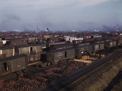 Freight cars being maneuvered in a Chicago and North Western railroad yard, Chicago, Ill., 1942. Creator: Jack Delano.