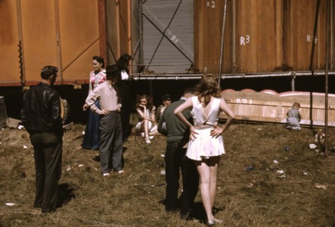 Backstage at the "girlie" show at the Vermont state fair, Rutland, 1941. Creator: Jack Delano.