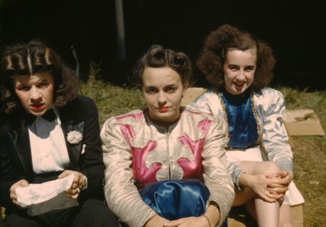 Backstage at the "girlie" show at the Vermont state fair, Rutland, 1941. Creator: Jack Delano.