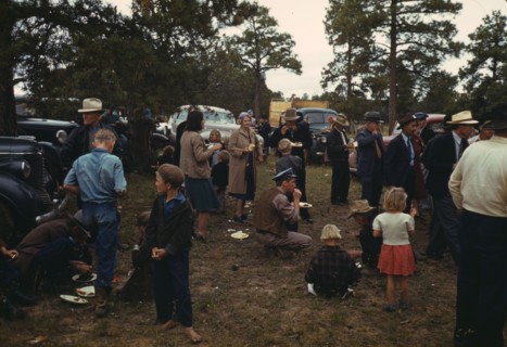 Crowd eating free barbeque dinner at the Pie Town, New Mexico Fair, 1940. Creator: Russell Lee.