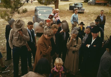 Grace was said before the barbeque was served at the Pie Town, New Mexico Fair, 1940. Creator: Russell Lee.
