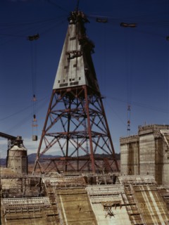 Central tower from which cable buckets carry materials used in...of Shasta dam, CA, 1942. Creator: Russell Lee.