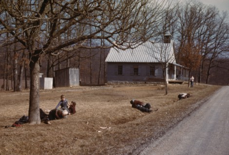 Children playing by road near school house, Kansas?, 1942 or 1943. Creator: John Vachon.