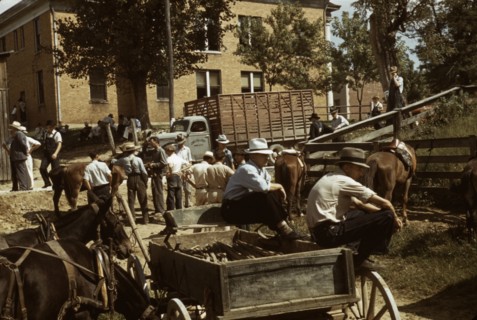 Mountaineers and farmers trading mules and horses on "Jockey St.,", Campton, Wolfe County, Ky., 1940 Creator: Marion Post Wolcott.