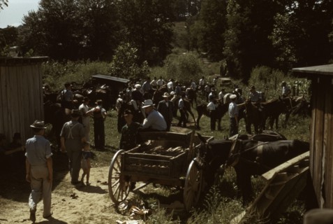 Mountaineers and farmers trading mules and horses on "Jockey St.,", Campton, Wolfe County, Ky., 1940 Creator: Marion Post Wolcott.