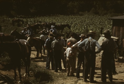 Mountaineers and farmers trading mules and horses on "Jockey St.,", Campton, Wolfe County, Ky., 1940 Creator: Marion Post Wolcott.