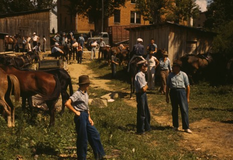Mountaineers and farmers trading mules and horses on "Jockey St.,", Campton, Wolfe County, Ky., 1940 Creator: Marion Post Wolcott.