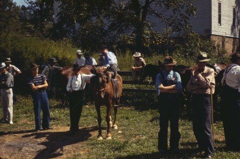 Mountaineers and farmers trading mules and horses on "Jockey St.,", Campton, Wolfe County, Ky., 1940 Creator: Marion Post Wolcott.