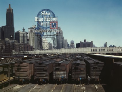 General view of part of the South Water Street freight...Illinois Central Railroad, Chicago, 1943. Creator: Jack Delano.