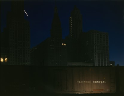 Freight cars at the South Water Street Illinois Central Railroad terminal, Chicago, Illinois, 1943. Creator: Jack Delano.