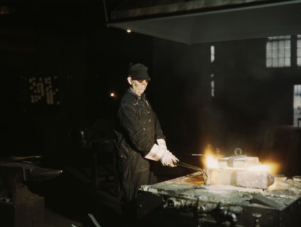 John Kelseh [i.e., Kelsch], blacksmith, at his forge..., Rock Island R.R., Blue Island, Ill., 1943. Creator: Jack Delano.