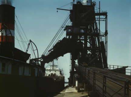 Loading a lake freighter with coal for shipment to other lake ports, Sandusky, Ohio, 1943. Creator: Jack Delano.