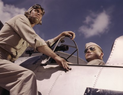 Ens[ign] Noressey and Cadet Thenics at the Naval Air Base, Corpus Christi, Texas, 1942. Creator: Howard Hollem.