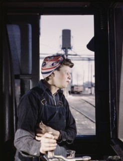C. & N.W. R.R. Cloe Weaver, mother of four children, employed...the roundhouse, Clinton, Iowa, 1943. Creator: Jack Delano.