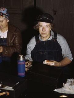C. & N.W. R.R., Mrs. Elibia Siematter, employed as a sweeper at the roundhouse, Clinton, Iowa, 1943. Creator: Jack Delano.