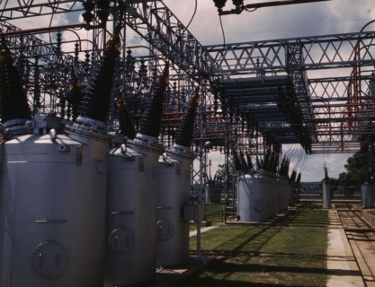Switch yard at TVA's Wilson Dam hydroelectric plant, vicinity of Sheffield, Ala., 1942. Creator: Alfred T Palmer.