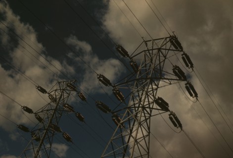 Insulators and transmission wires in the switchyard of the TVA's Chickamauga Dam..., Tennessee, 1942 Creator: Alfred T Palmer.