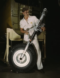 A nose wheel and landing gear assembly for a B-25..., North American Aviation, Inc., Calif., 1942. Creator: Alfred T Palmer.