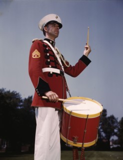 U.S. Marine Band drummer, probably at the Marine Barracks, Washington, D.C. , 1942. Creator: Alfred T Palmer.