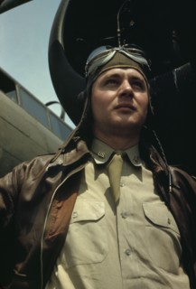 U.S. Army Air Forces pilot in front of a YB-17 bombing..., probably Langley field, Virginia, 1942. Creator: Alfred T Palmer.