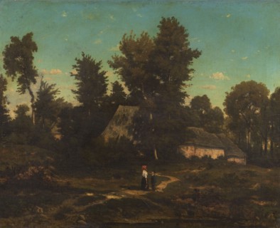 Landscape with thatched cottages.