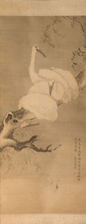 Four egrets on a branch, between 1730 and 1740.