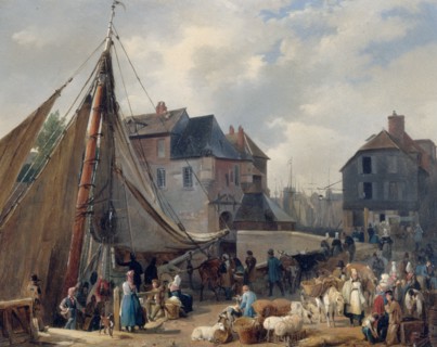 The port of Honfleur, loading cattle, c1823.