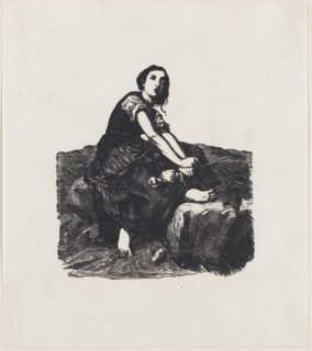 Girl seated on a rock holding a distaff, ca. 1800-1899.