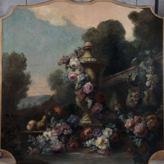Vase, flowers, and fruit in a landscape, 1911.
