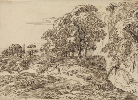 Pastoral Landscape with a Waterfall and a Temple.