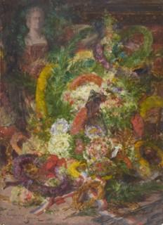 Flowers and wreaths in the burial chamber, 1885.