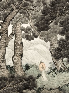 Solitary person under pines contemplating waves, 1820.
