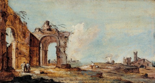 Caprice, with ruined arch and fishermen's houses.