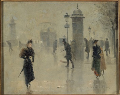 Passers-by on the boulevard on a winter's day, circa 1895.