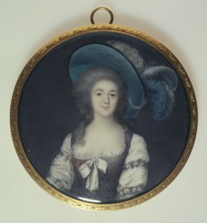 Portrait of young woman in a plumed hat, c1785.