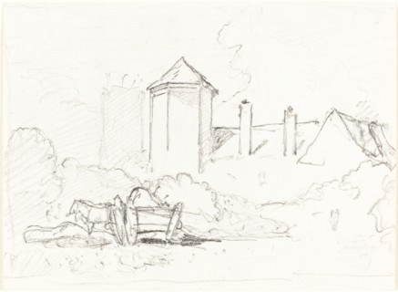 Sketch of Buildings with Cart and Horses in Foreground.