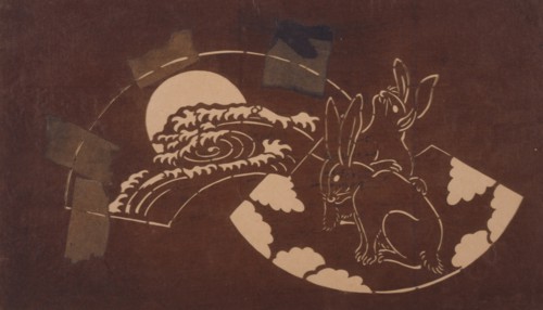 Katagami stencil with rabbits and a moon, between 1900 and 1952.