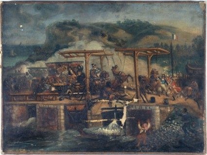 Carriage accident on a bridge around 1835, between 1830 and 1840.