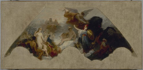 Minerva fighting Brute Force in front of reunited Olympus, c1872.