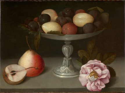 Still Life with plums, pears and a rose, ca 1602. Private Collection.