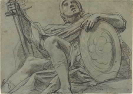 Seated Warrior Holding a Sword and Shield [recto], c. 1612.