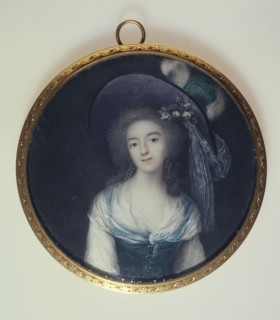 Portrait of woman in a plumed hat with ribbon, c1785.