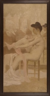 Danseuse dans sa loge enfilant un collant, between 1905 and 1909.