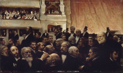 Intermission of a premiere at the Comedie-Francaise, 1885.