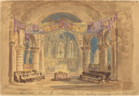 Harold Scene 3 Cathedral (The relics covered with cloth at centre).