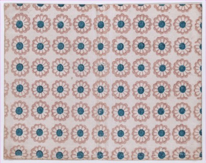 Sheet with overall pattern of pink flowers with blue centers, 19th century.
