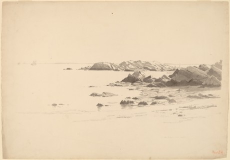 Rocklined Beach with Distant Boats, probably 1860/1869.