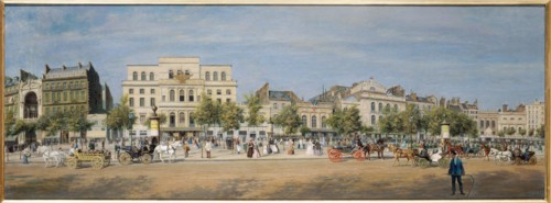 General view of theatres on Boulevard du Temple in 1862.