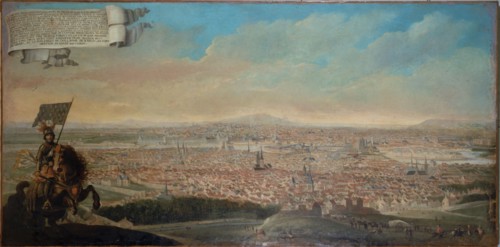 Cavalier with view of Paris, equestrian portrait, Pepin des Essarts, c1645.